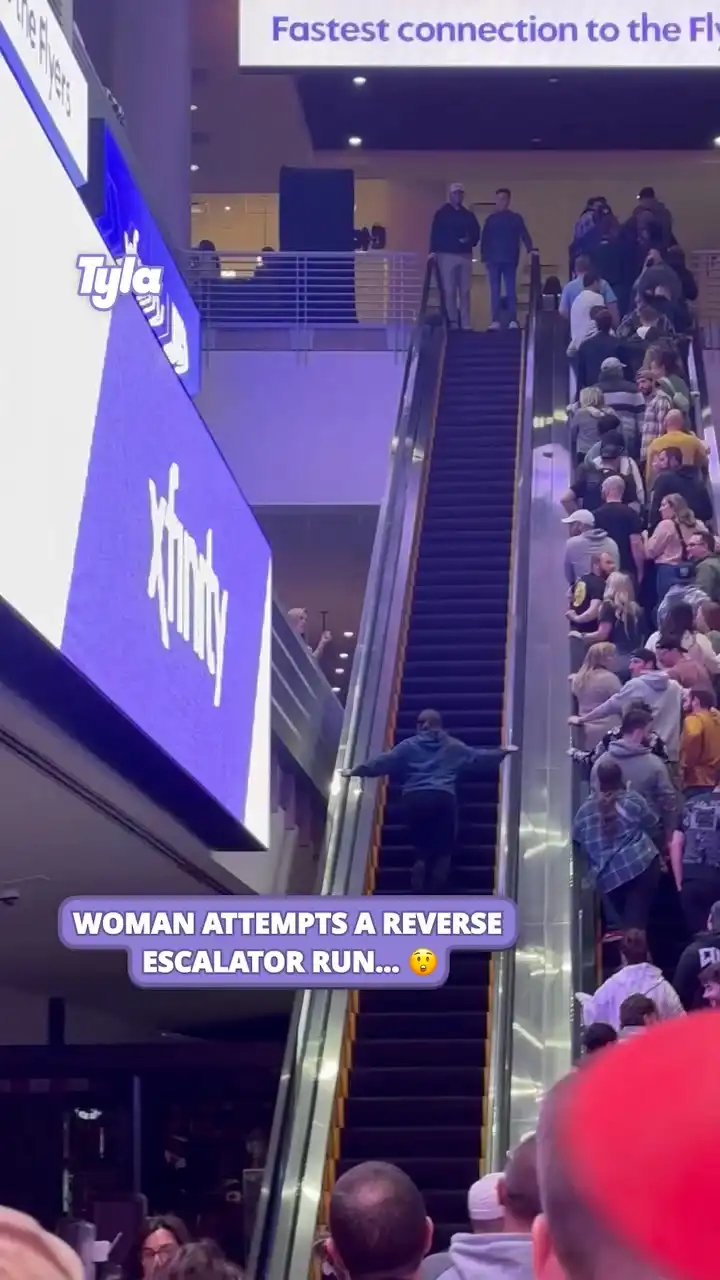 Woman attempts reverse escalator run 😅