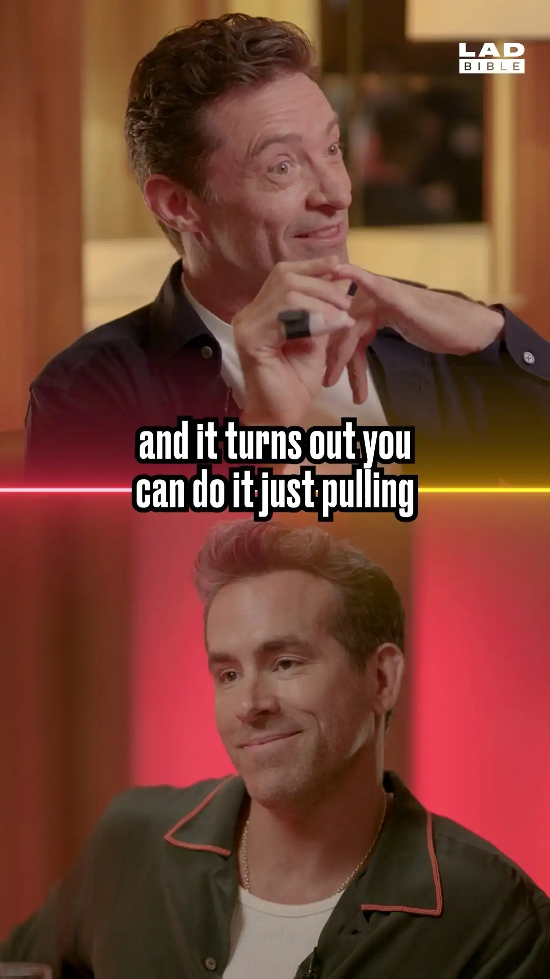 Hugh Jackman tries to awkwardly explain his finger injury to Ryan Reynolds