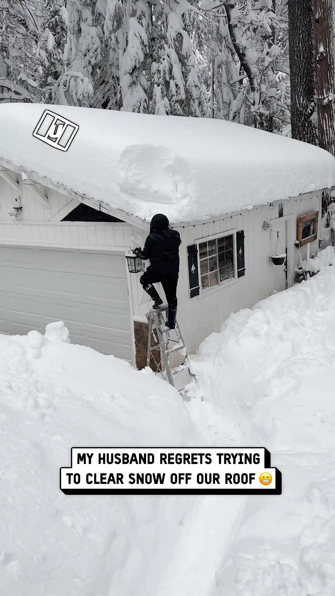 Roof Shovel Fail Dumps Man in Fresh Snow