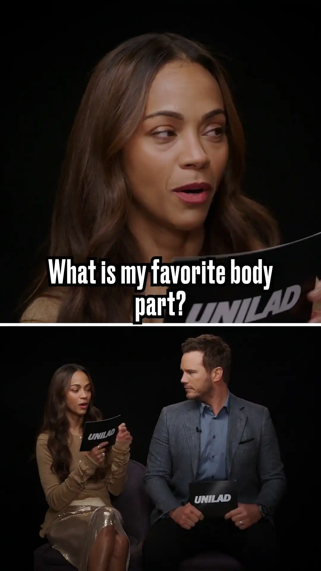 Zoe Saldaña asks Chris Pratt to guess what her favourite body part is