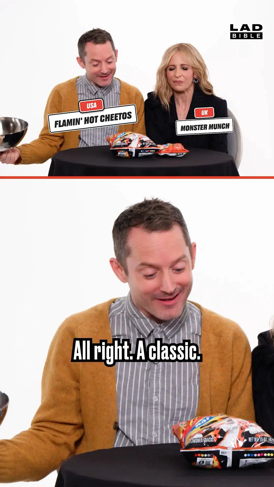 Elijah Wood & Sarah Michelle Gellar try Monster Munch