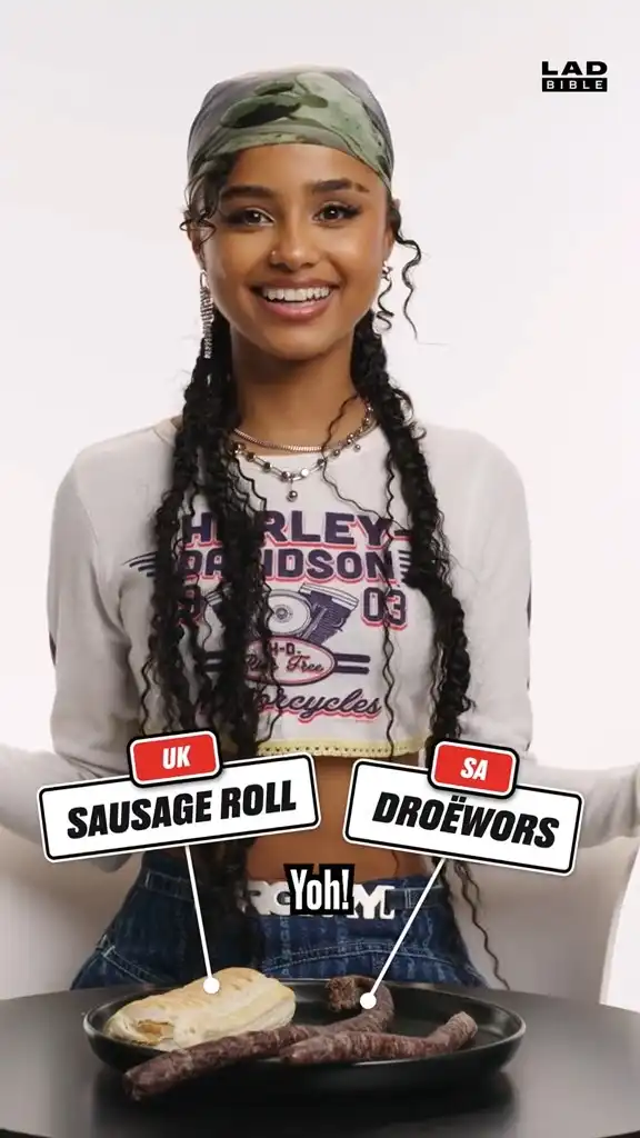 Tyla tries a sausage roll for the first time