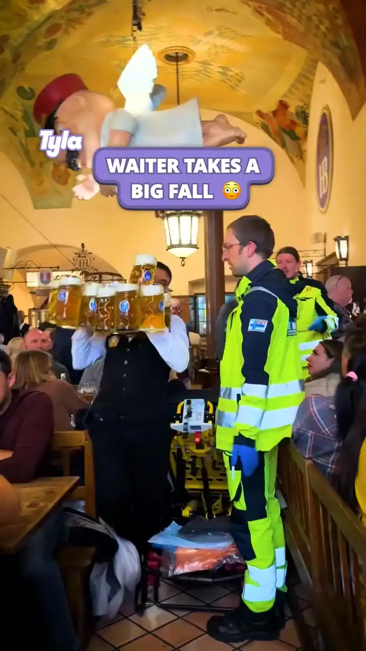 Waiter takes a big fall 😱🍻