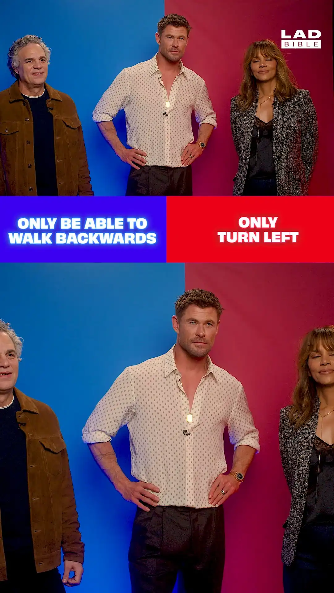 Chris Hemsworth, Mark Ruffalo & Halle Berry on only walking backwards or only turning left