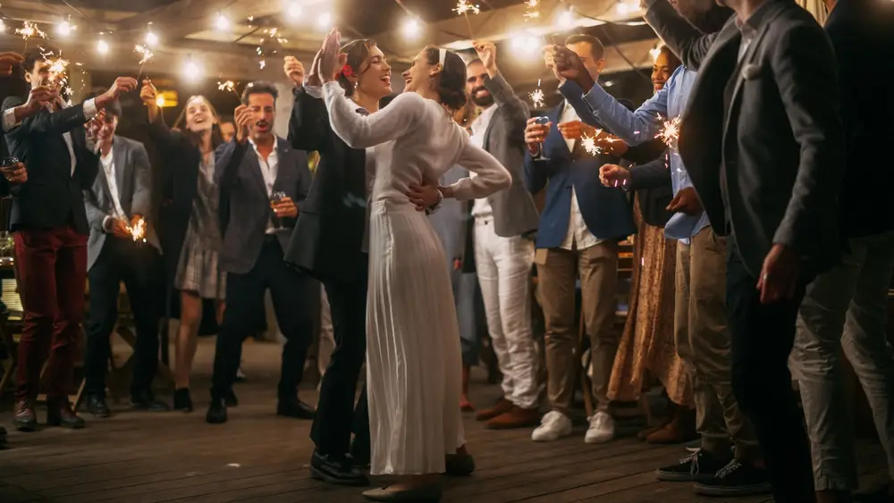 Beautiful,Happy,Lesbian,Couple,Celebrate,Wedding,At,An,Evening,Reception