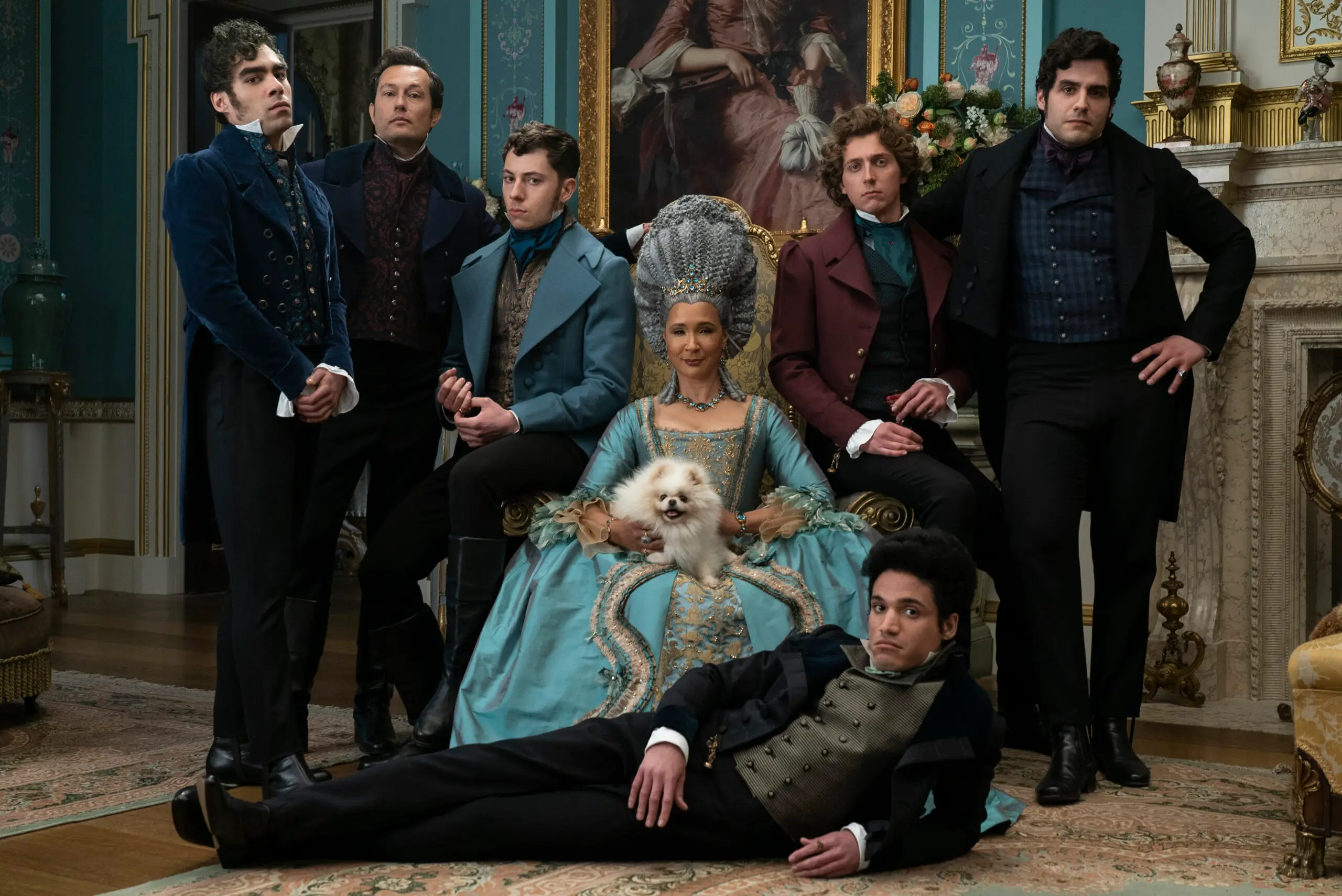 Seamus Dillane, Felix Brunger, Harvey Almond, Golda Rosheuvel, Joshua Riley, Jack Michael Stacey, and Ben Cura star in Netflix's "Queen Charlotte."