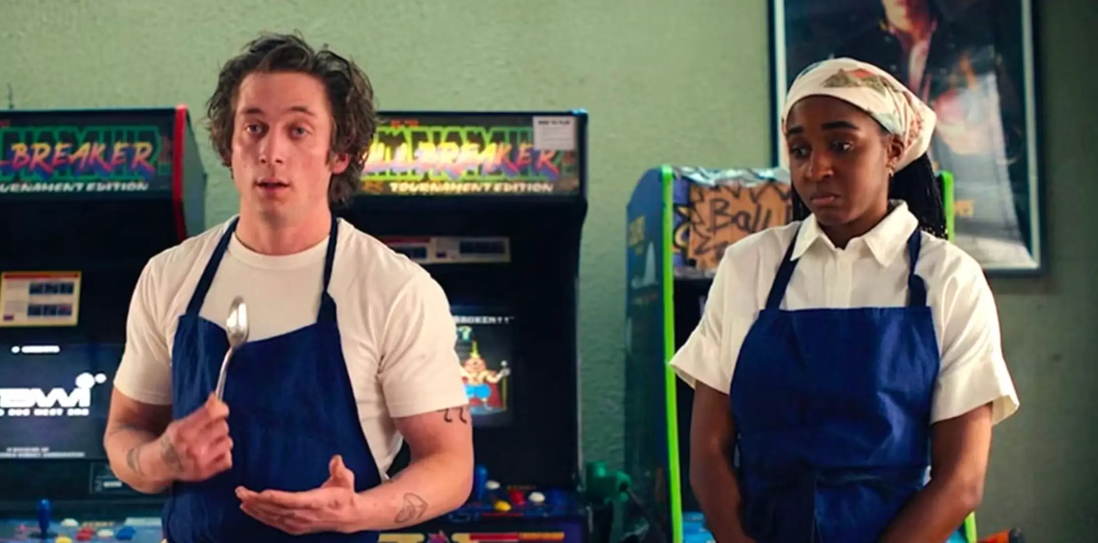 Characters from "The Bear" Carmy and Sydney.