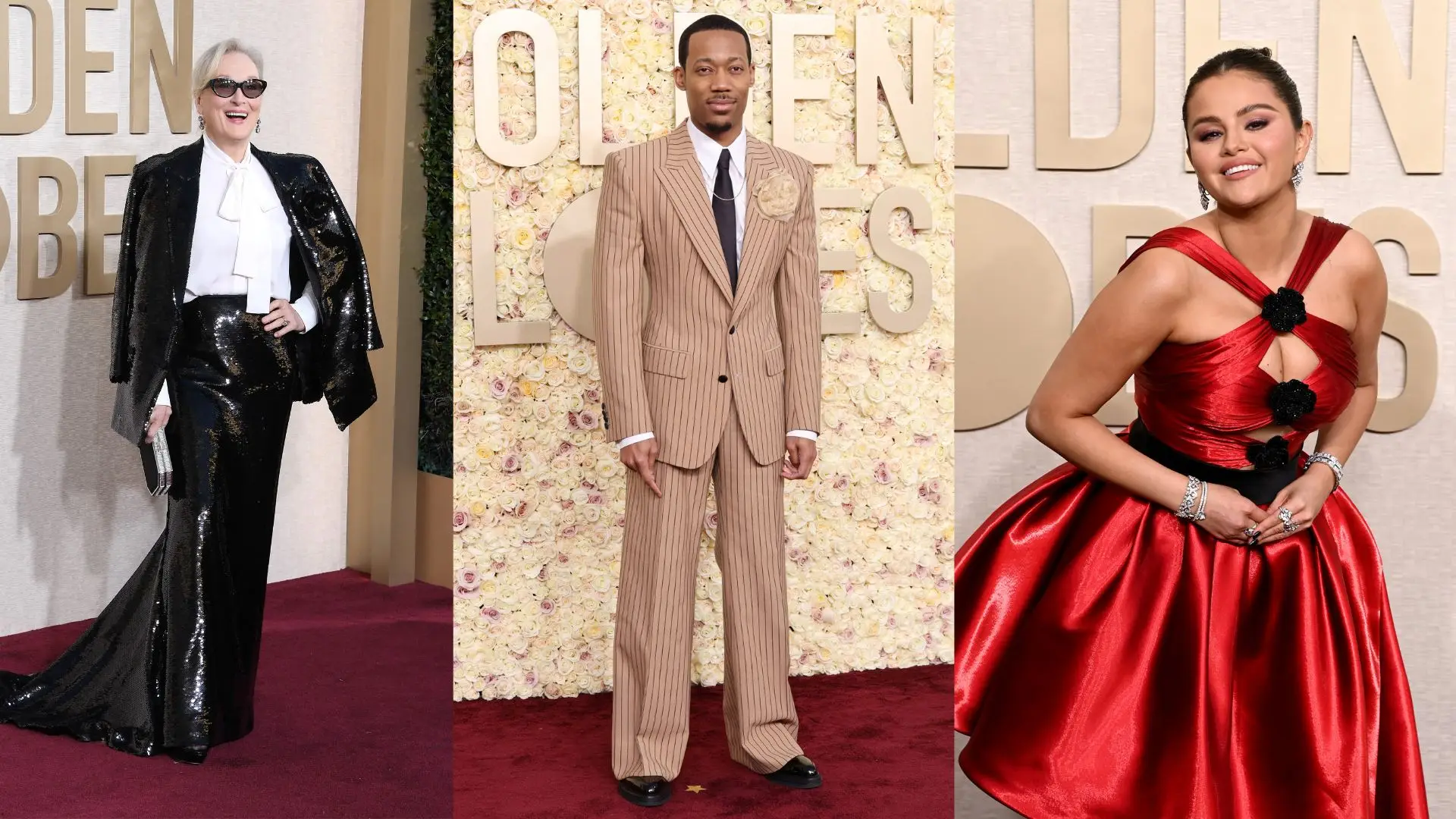 Meryl Streep, Tyler James Williams, and Selena Gomez wearing the rosette trend on the red carpet during the 2024 Golden Globes