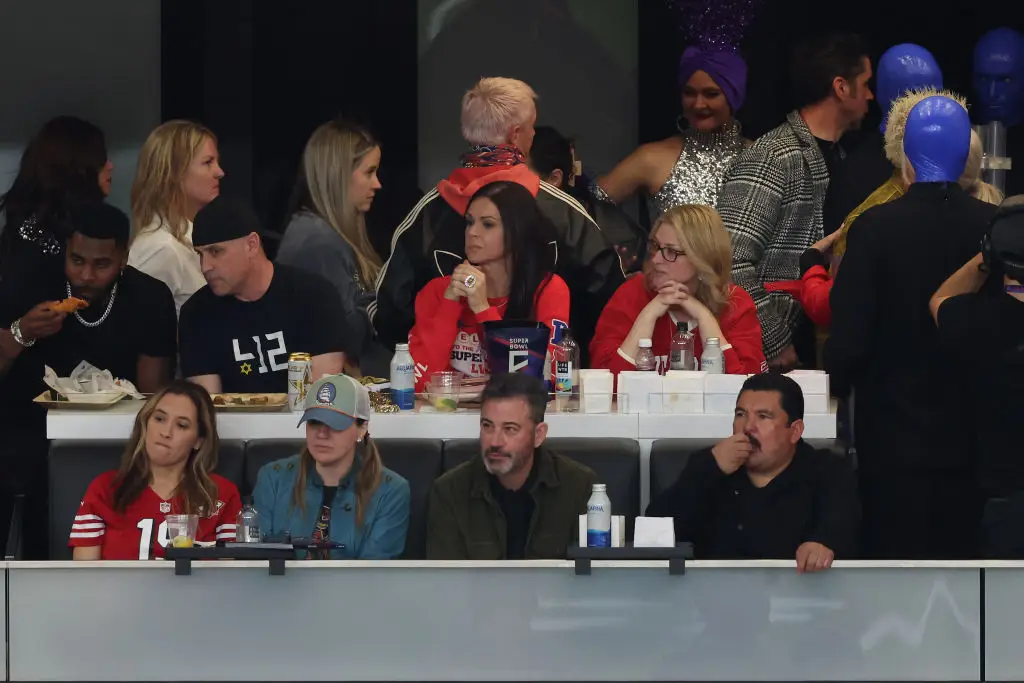 LAS VEGAS, NEVADA - FEBRUARY 11: Jimmy Kimmel and Guillermo Rodriguez attend Super Bowl LVIII between the Kansas City Chiefs and the San Francisco 49ers at Allegiant Stadium on February 11, 2024 in Las Vegas, Nevada. (Photo by Rob Carr/Getty Images)