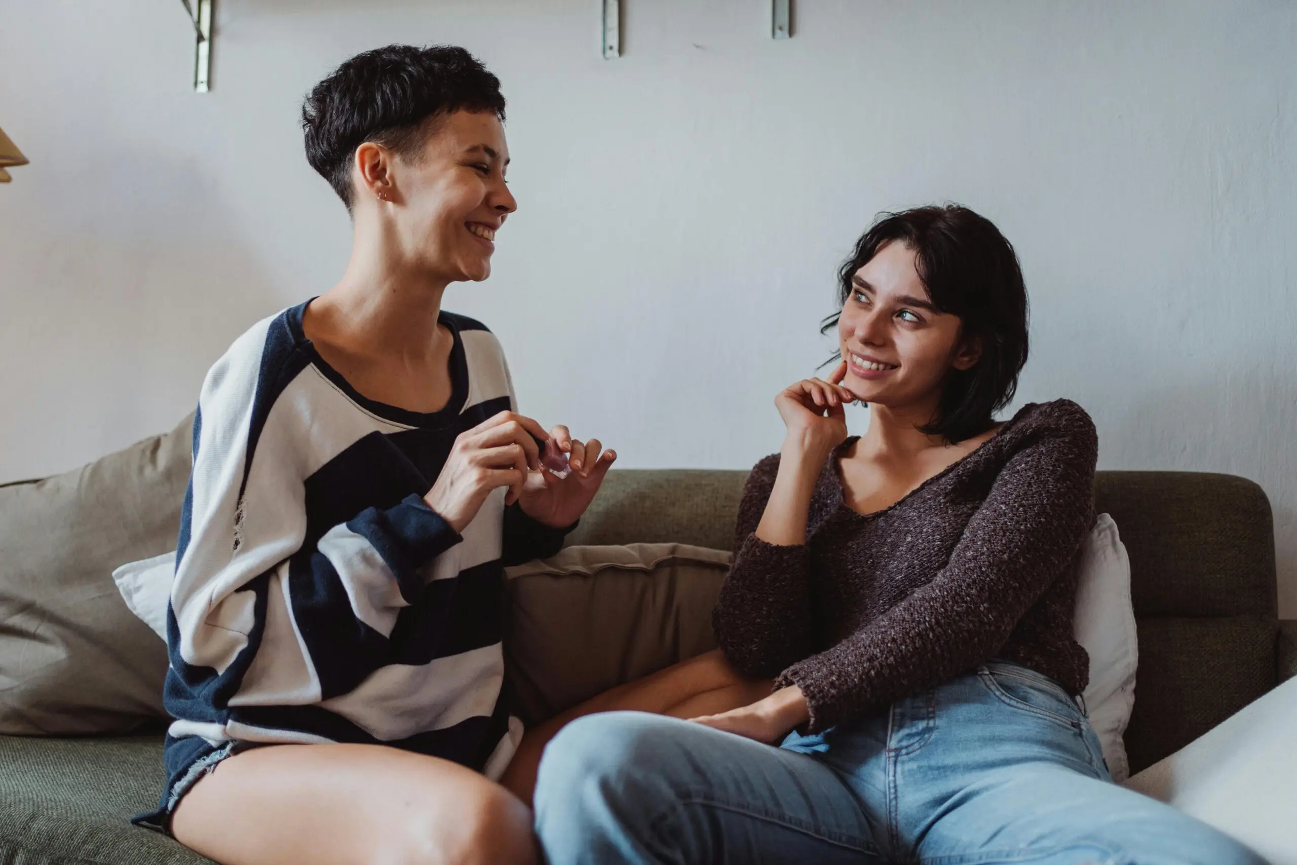 couple talking on couch