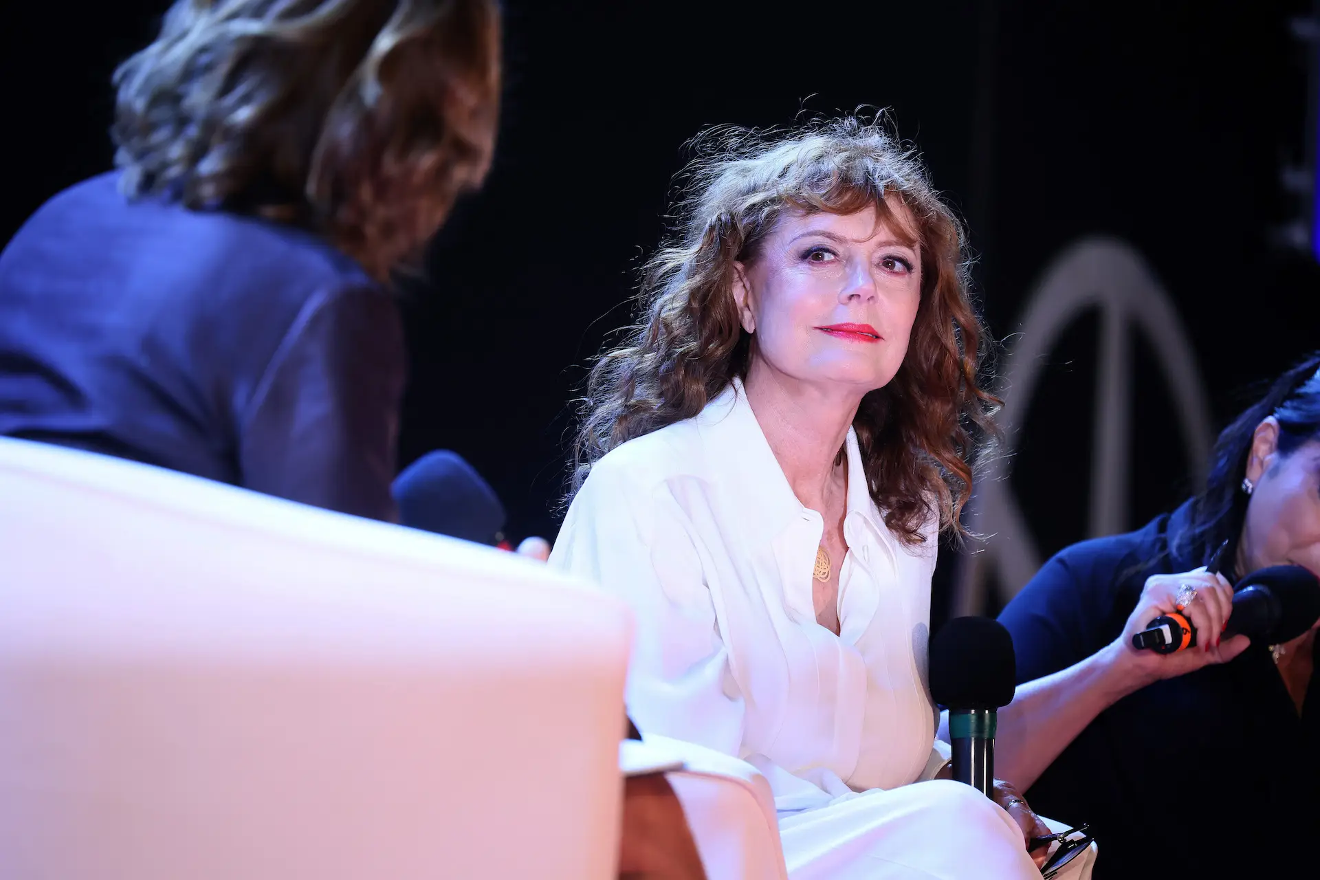CATANZARO, ITALY - AUGUST 02: Susan Sarandon speaks on the stage during the Magna Graecia Film Festival 2023 at Arena on August 02, 2023 in Catanzaro, Italy.