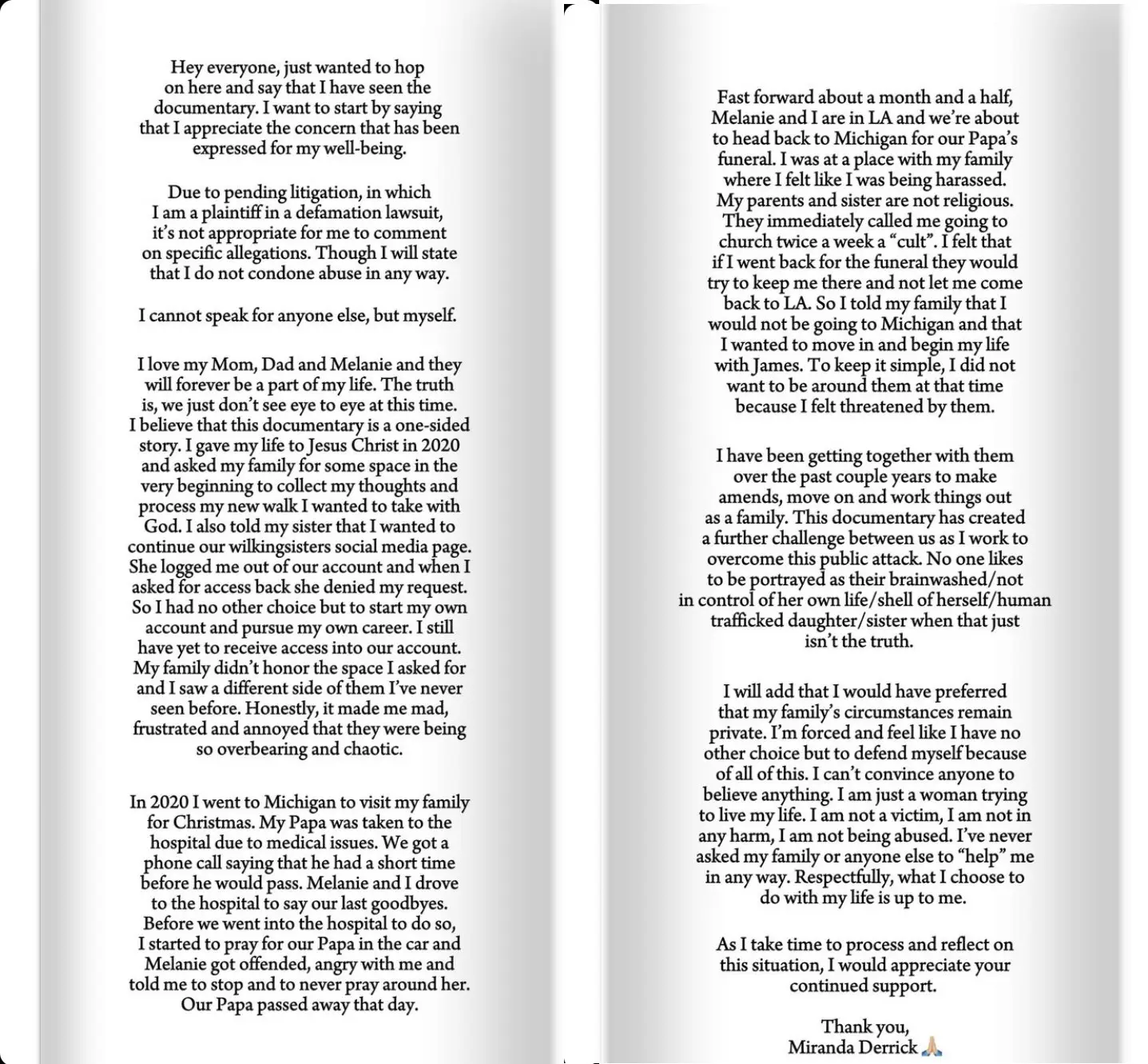 Miranda Derrick's Statement in response to 'Dancing for the Devil'