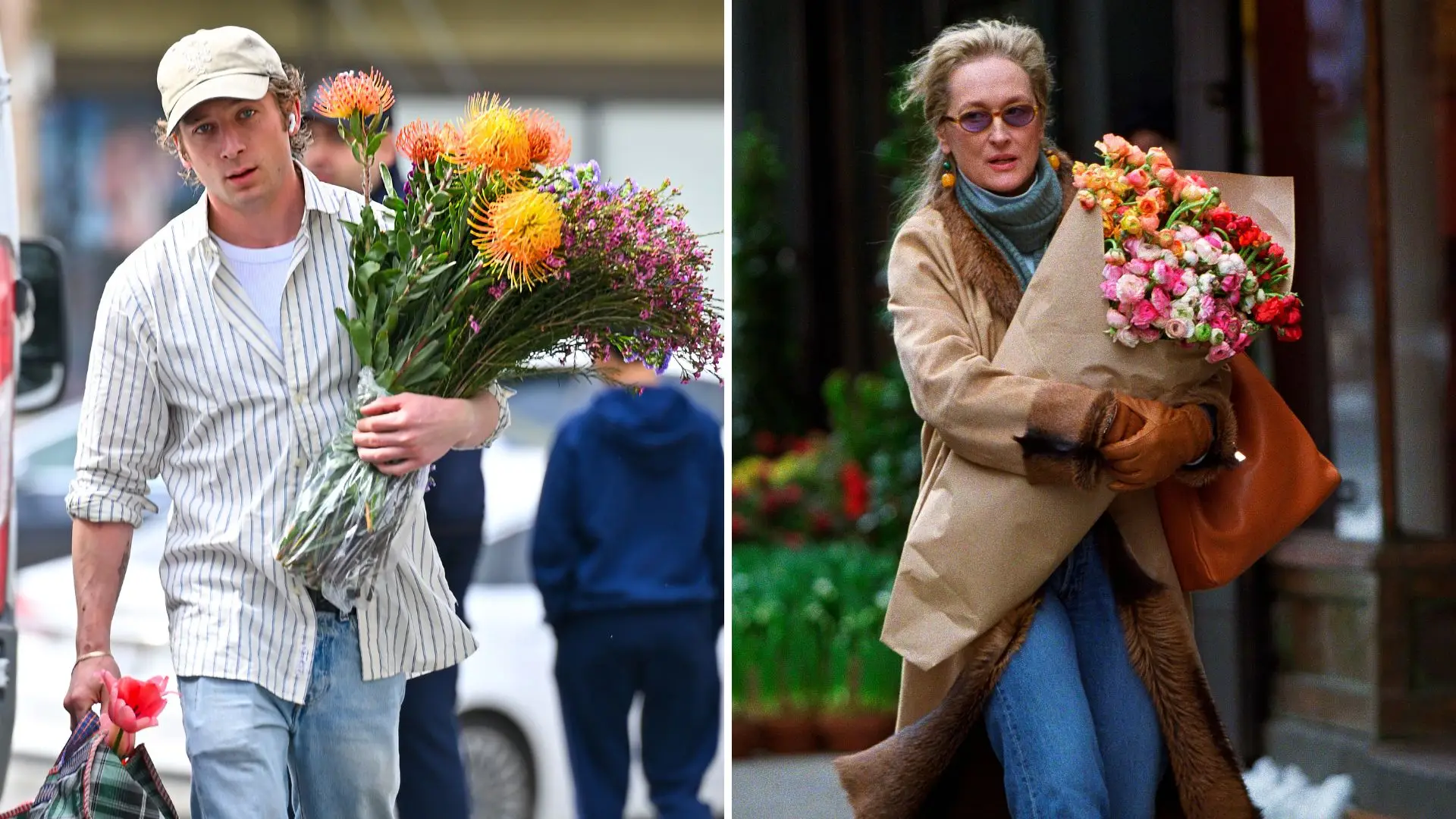 Jeremy Allen White and Meryl Streep with a bouquet of flowers