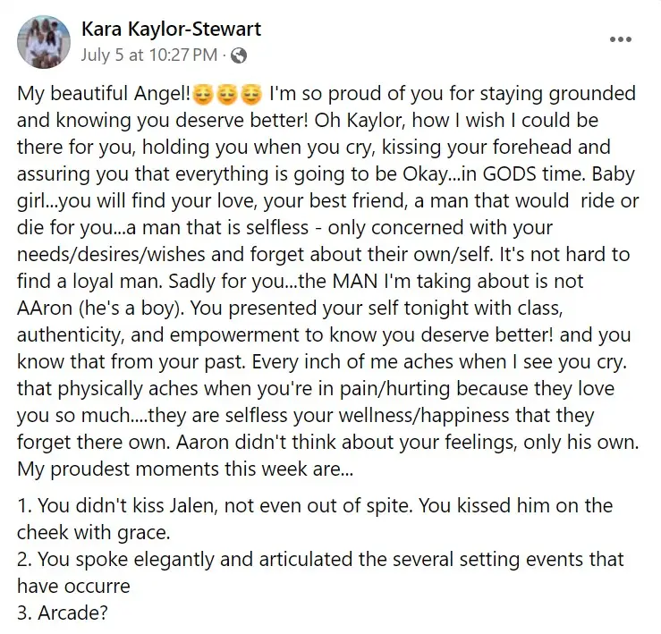 Kara Kaylor-Stewart Facebook Post About Aaron