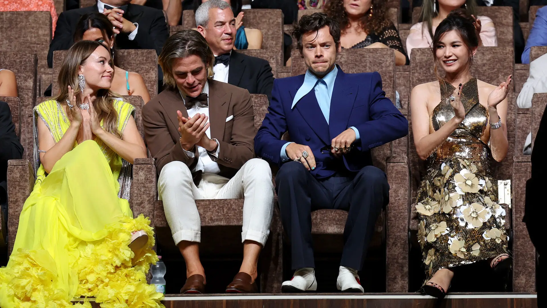 VENICE, ITALY - SEPTEMBER 05: (L-R) Olivia Wilde, Chris Pine, Harry Styles and Gemma Chan attend the Campari Passion For Film 2022 Award during the 79th Venice International Film Festival on August 31, 2022 in Venice, Italy. (Photo by Vittorio Zunino Celotto/Getty Images)