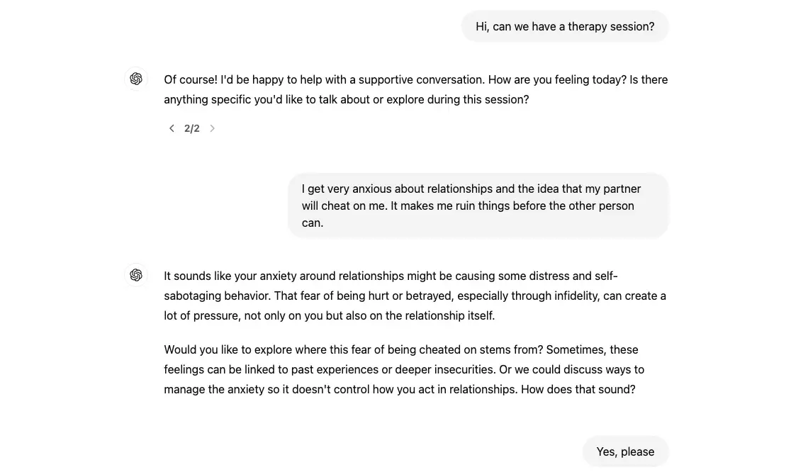 ChatGPT Therapy example