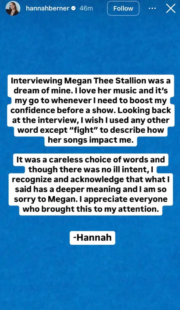 Hannah Berner Megan Thee Stallion Instagram statement