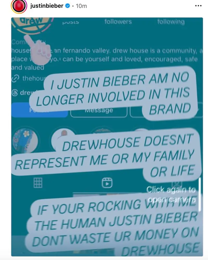 Justin Bieber Drew House Instagram Story