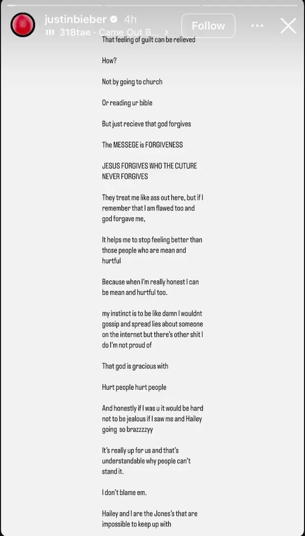 Justin Bieber's Instagram Story response to rumors