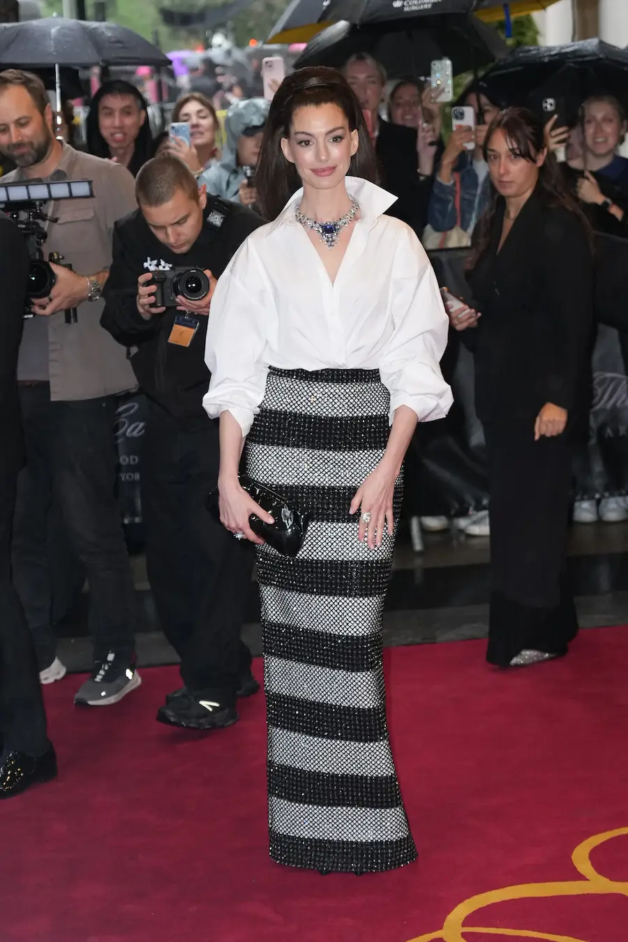 NEW YORK, NEW YORK - MAY 05: Anne Hathaway leaves The Carlyle Hotel before the 2025 Met Gala: "Superfine: Tailoring Black Style" at the Metropolitan Museum of Art on May 05, 2025 in New York City. (Photo by John Nacion/Getty Images)