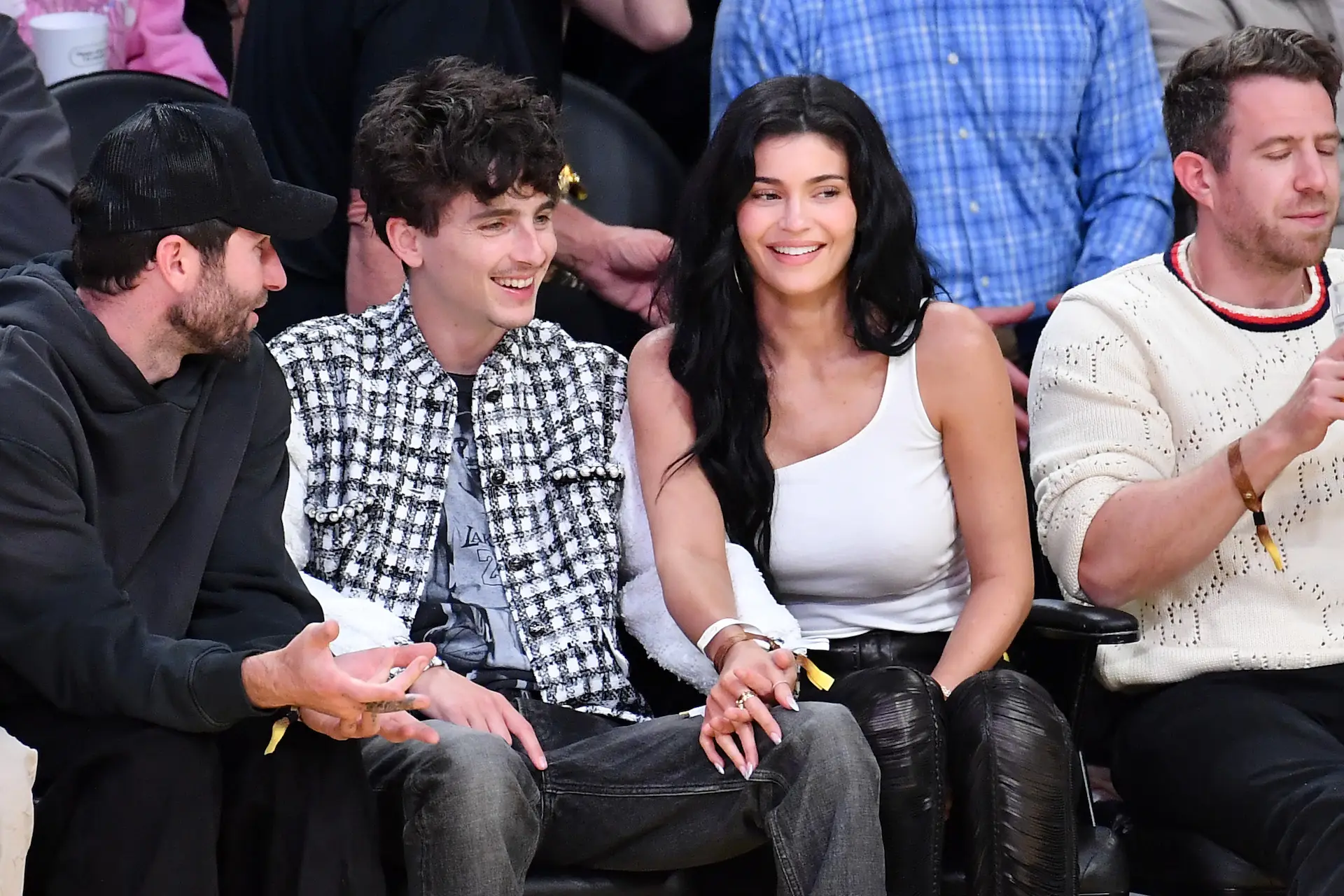 LOS ANGELES, CALIFORNIA - APRIL 30: Timothee Chalamet and Kylie Jenner attend a basketball game between the Los Angeles Lakers and the Minnesota Timberwolves at Crypto.com Arena on April 30, 2025 in Los Angeles, California. NOTE TO USER: User expressly acknowledges and agrees that, by downloading and or using this photograph, User is consenting to the terms and conditions of the Getty Images License Agreement. (Photo by Allen Berezovsky/Getty Images)