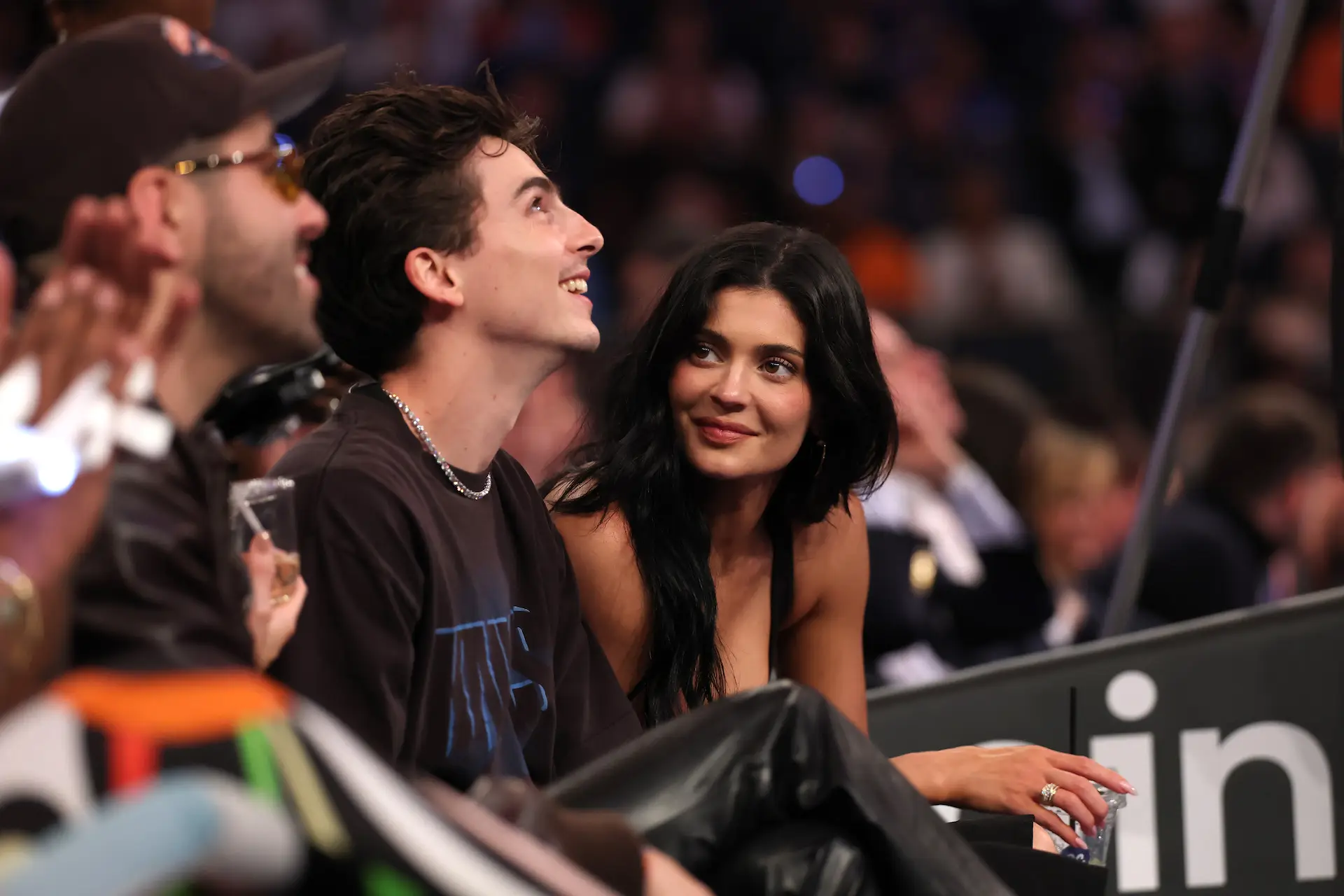 NEW YORK, NEW YORK - MAY 12: Actor Timothee Chalamet and Kylie Jenner sit court-side during the first quarter in Game Four of the Eastern Conference Second Round NBA Playoffs between the Boston Celtics and the New York Knicks at Madison Square Garden on May 12, 2025 in New York City. NOTE TO USER: User expressly acknowledges and agrees that, by downloading and or using this photograph, User is consenting to the terms and conditions of the Getty Images License Agreement. (Photo by Elsa/Getty Images)