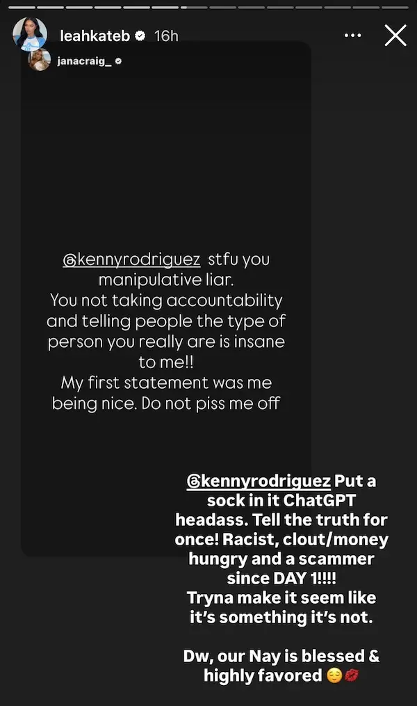 Leah's IG Story about JaNa