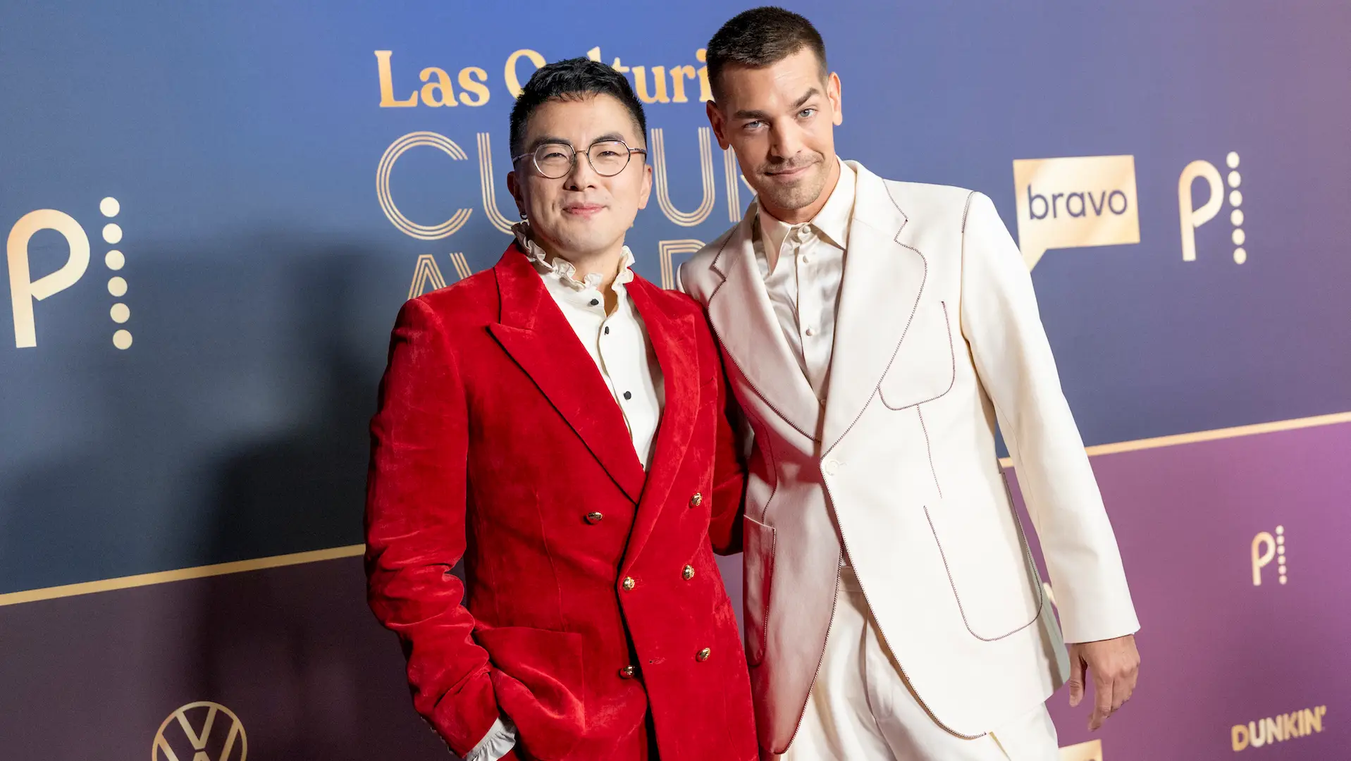 LOS ANGELES, CALIFORNIA - JULY 17: (L-R) Bowen Yang and Matt Rogers arrive at the Las Culturistas Culture Awards at The Orpheum Theatre on July 17, 2025 in Los Angeles, California. (Photo by Emma McIntyre/WireImage)