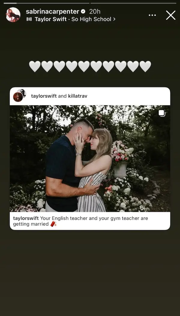 Sabrina Carpenter IG Story reacting to Taylor Swift engagement