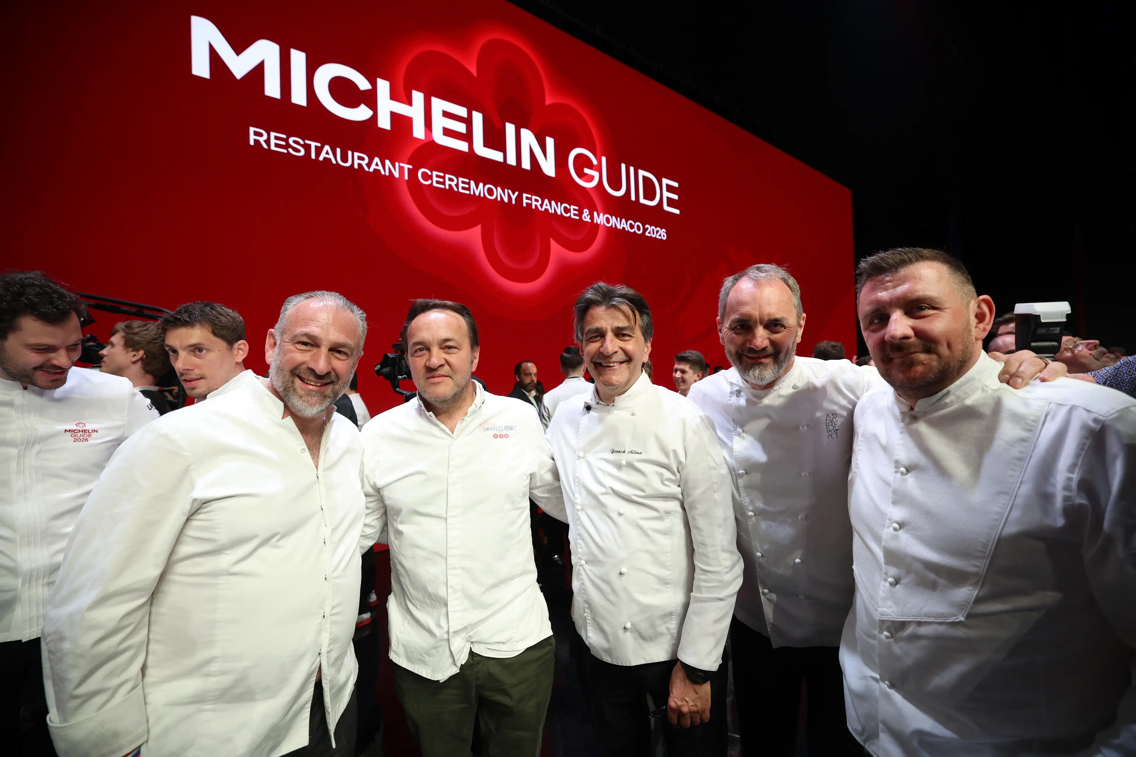 French chefs Emmanuel Renaut, Yannick Allen and Christophe Aribert at the end of the 2026 Michelin Guide award winners ceremony earlier this year (Valery HACHE / AFP via Getty Images)