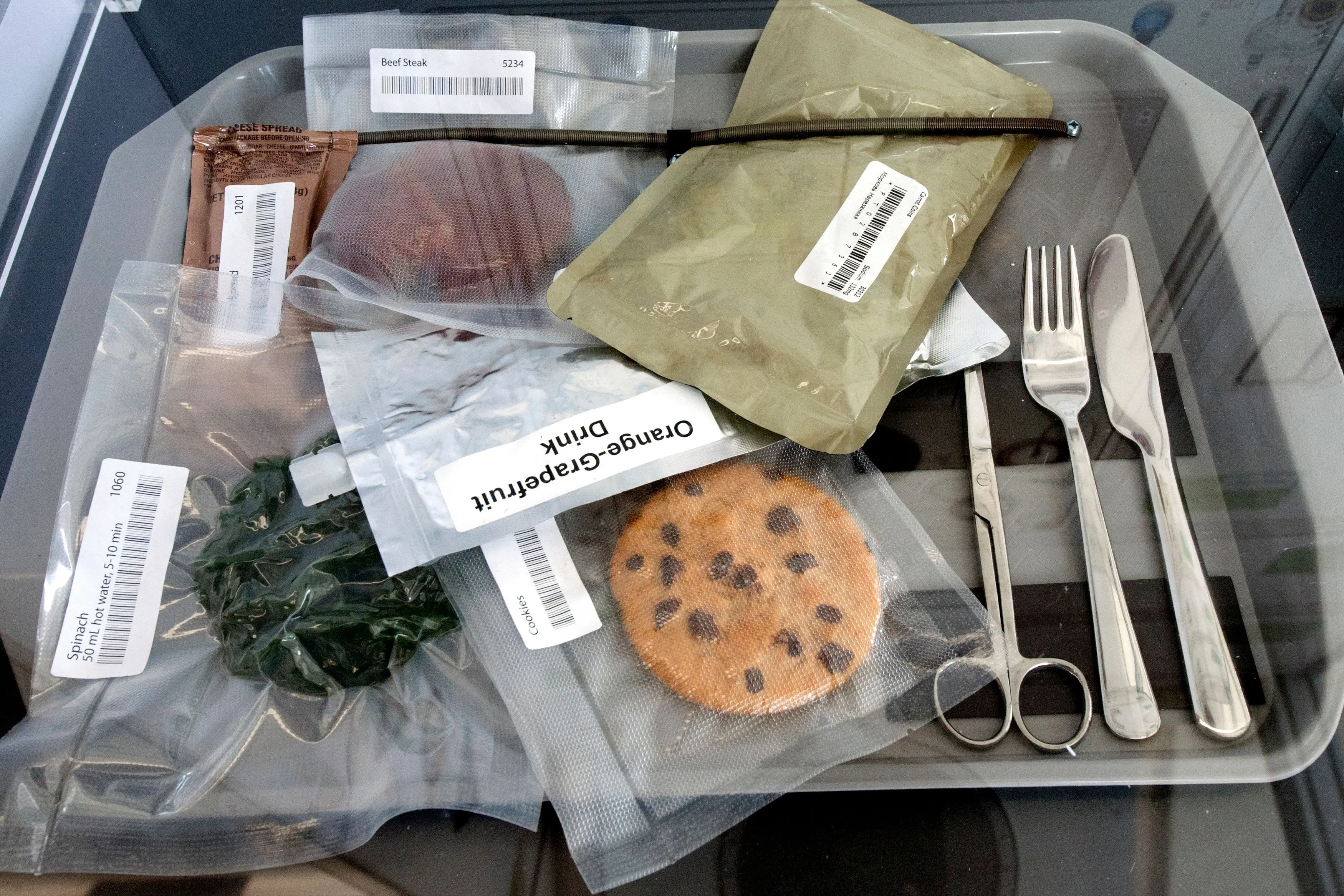 Vacuum sealed food on display inside the NASA Lunar Habitat designed by Lockheed Martin during the 35th Space Symposium at The Broadmoor in Colorado Springs, Colorado (JASON CONNOLLY/AFP via Getty Images)