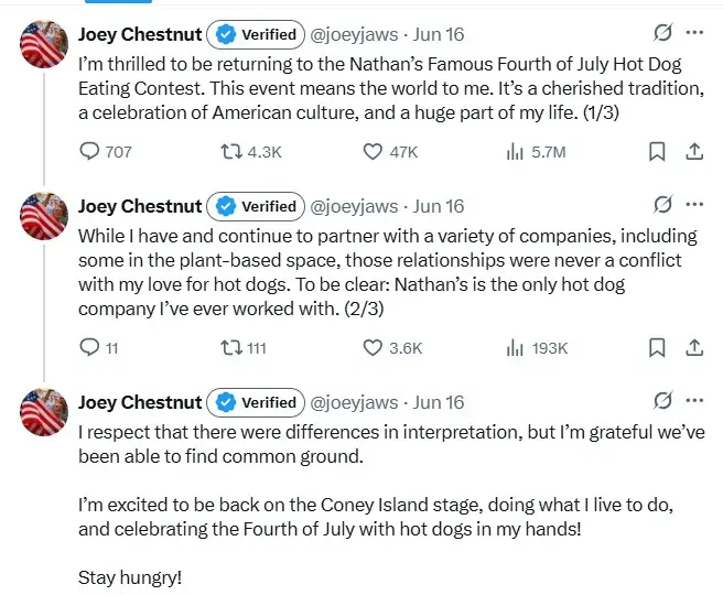 Joey Chestnut is making a return to Nathan’s Famous International Hot Dog Eating Contest next month. 