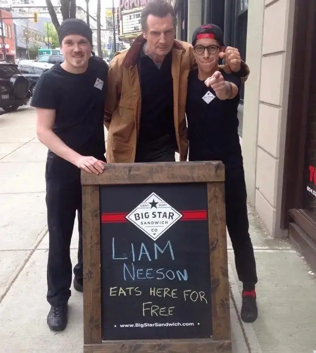 Liam Neeson attended the shop but apparently didn't get any free food (Instagram/@bigstarsandwich)