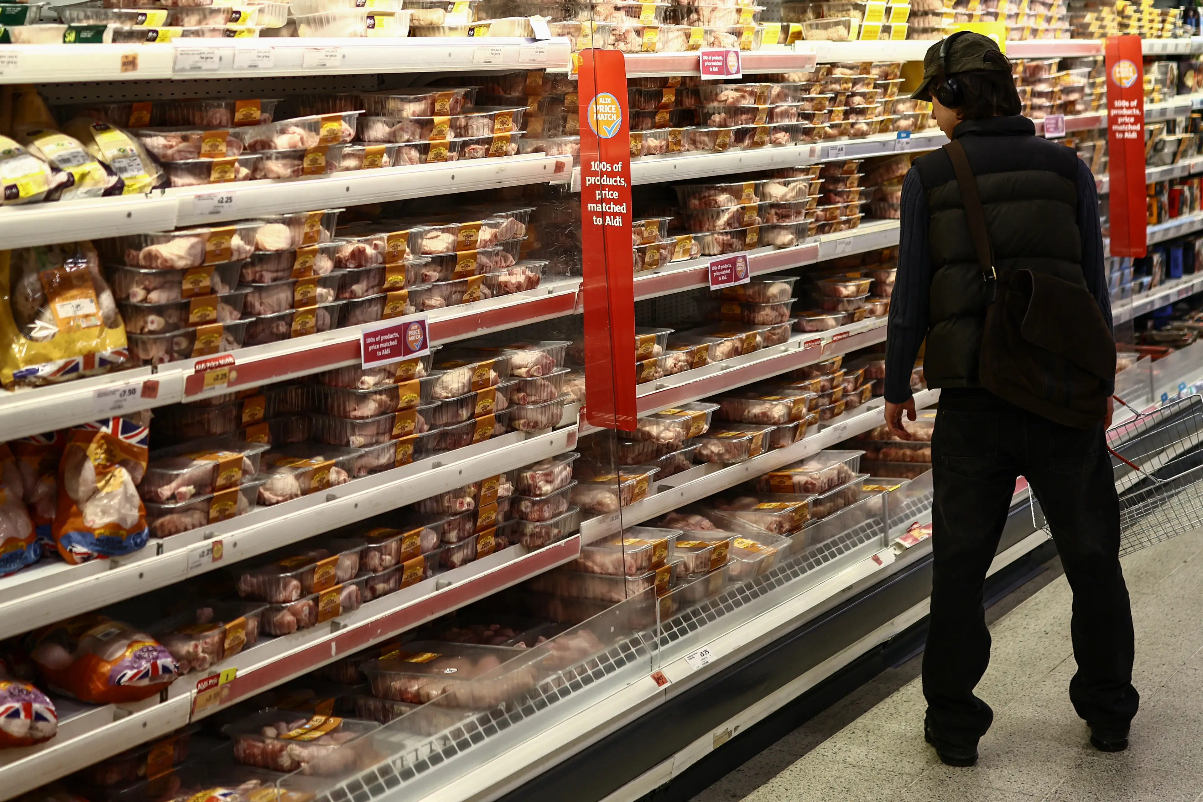 A continuation of the Iran war could cause meat products like chicken and pork to dwindle in the UK (Henry NICHOLLS / AFP via Getty Images)