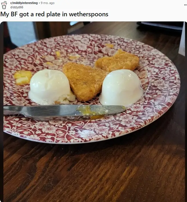 A red plate from Wetherspoons.