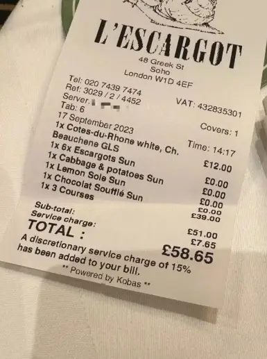 The bill from L'Escargot (Reddit/@curepure)