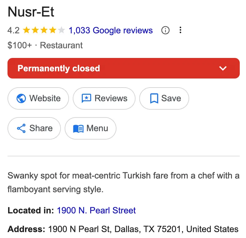 His Dallas restaurant has permanently shuttered (Google)