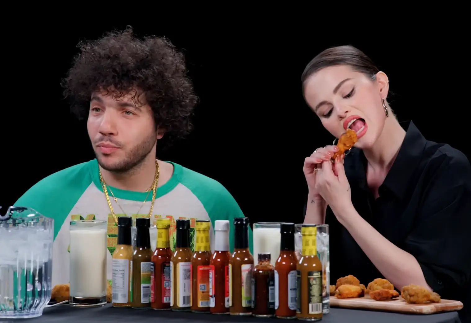 Gomez and Blanco on Hot Ones (YouTube/First We Feast)