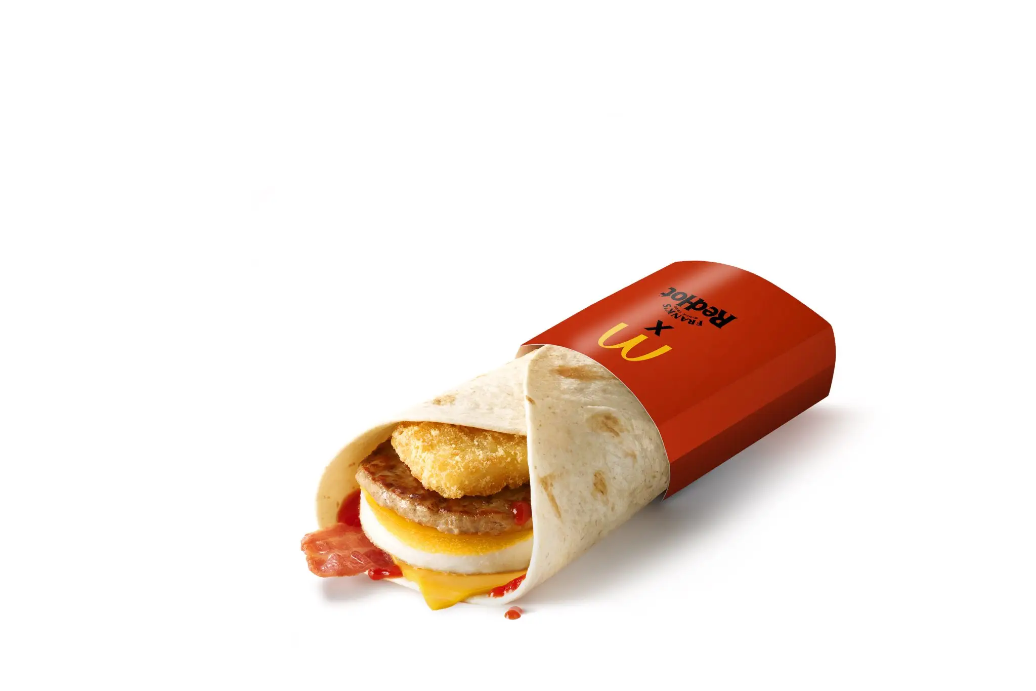 The McDonald's x Franks Breakfast Wrap features egg, bacon, sausage, cheese, and a ketchup (McDonald's)