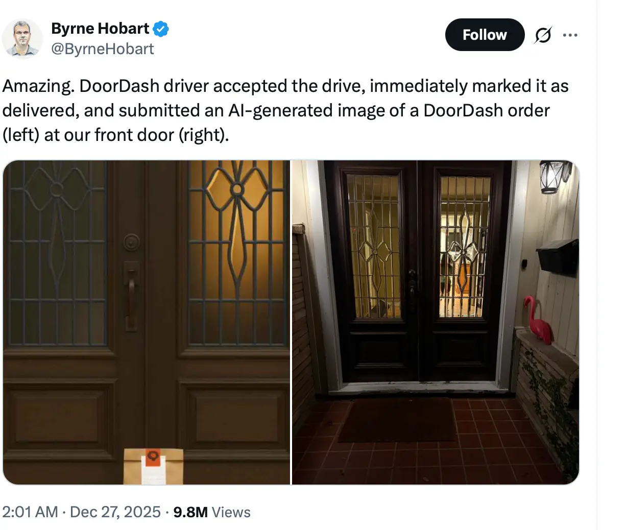 The X user showed a picture of his real front door alongside the AI-generated version (X/byrnehobart)