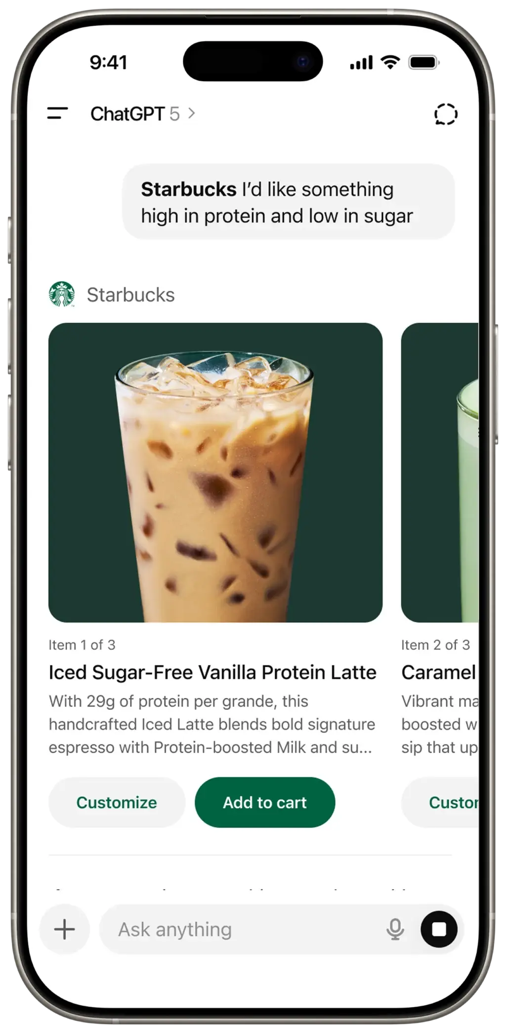 Starbucks has launched an app within ChatGPT, allowing customers to discover new drinks (Starbucks)