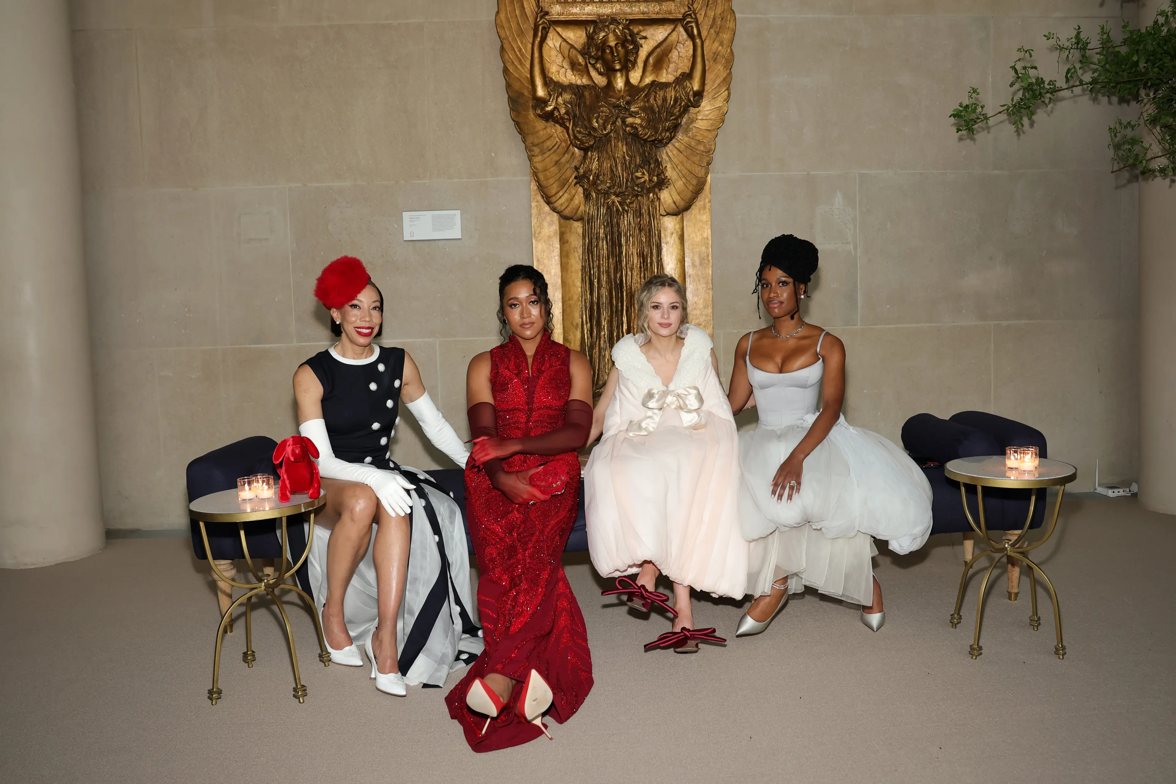 Met Gala guests, including Naomi Osaka, second from left, sat down for a three-course meal featuring seasonal springtime ingredients (Arturo Holmes/MG26/Getty Images for The Met Museum/Vogue)