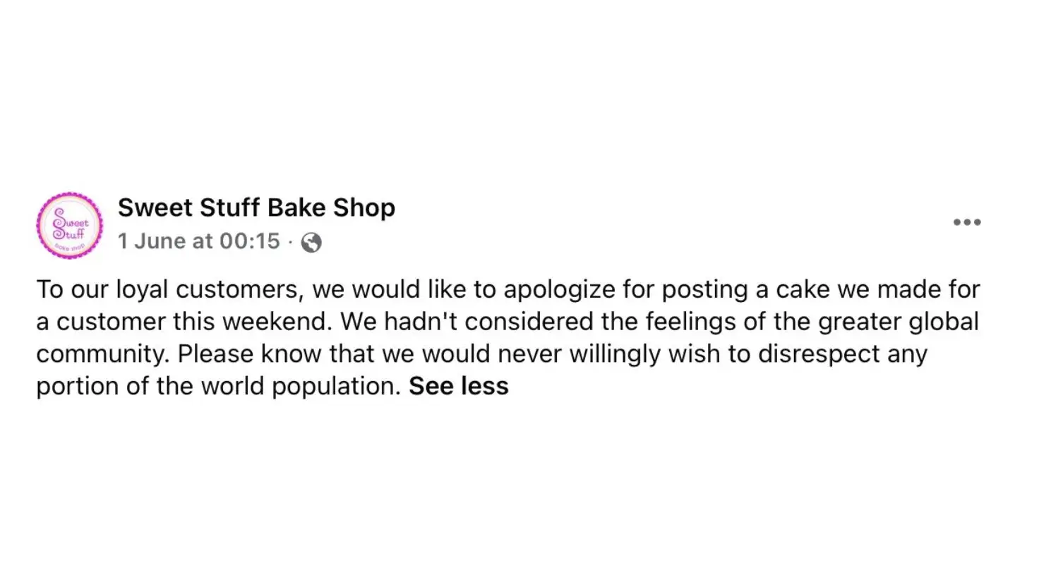 The bakery shared an apology via Facebook after taking an image of the cake down (Facebook)