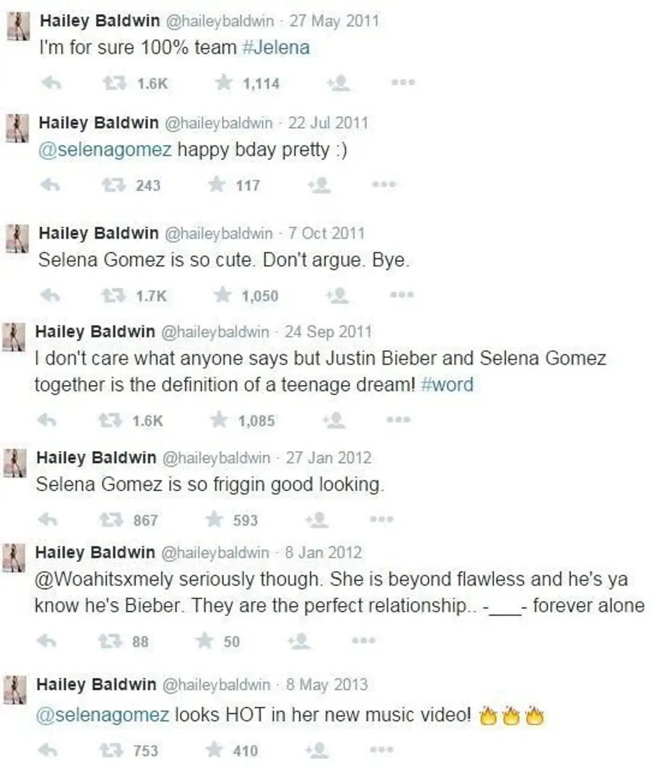 Hailey's old account was essentially a Selena and Justin fan account.