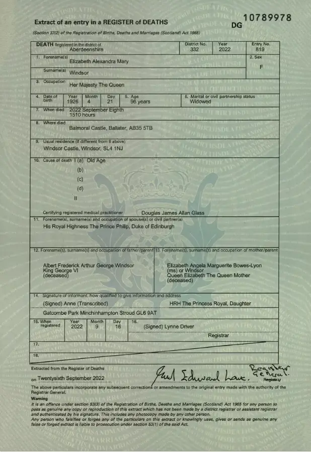 You can take a look at the late Queen's death certificate for yourself here (National Records of Scotland)