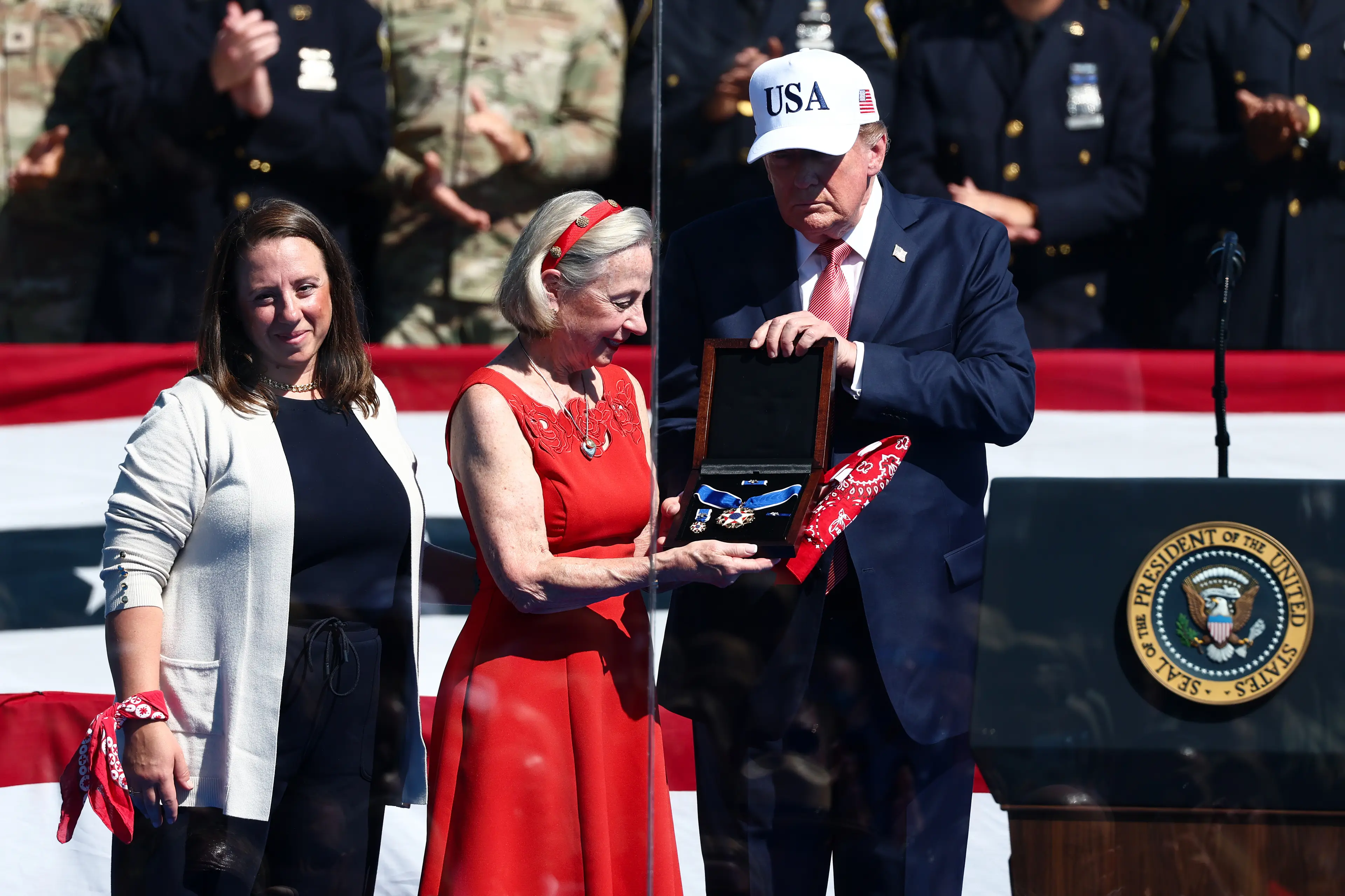 Allison Crowther accepted the posthumous award for her son Welles from Donald Trump (Finn Gomez/Getty Images)