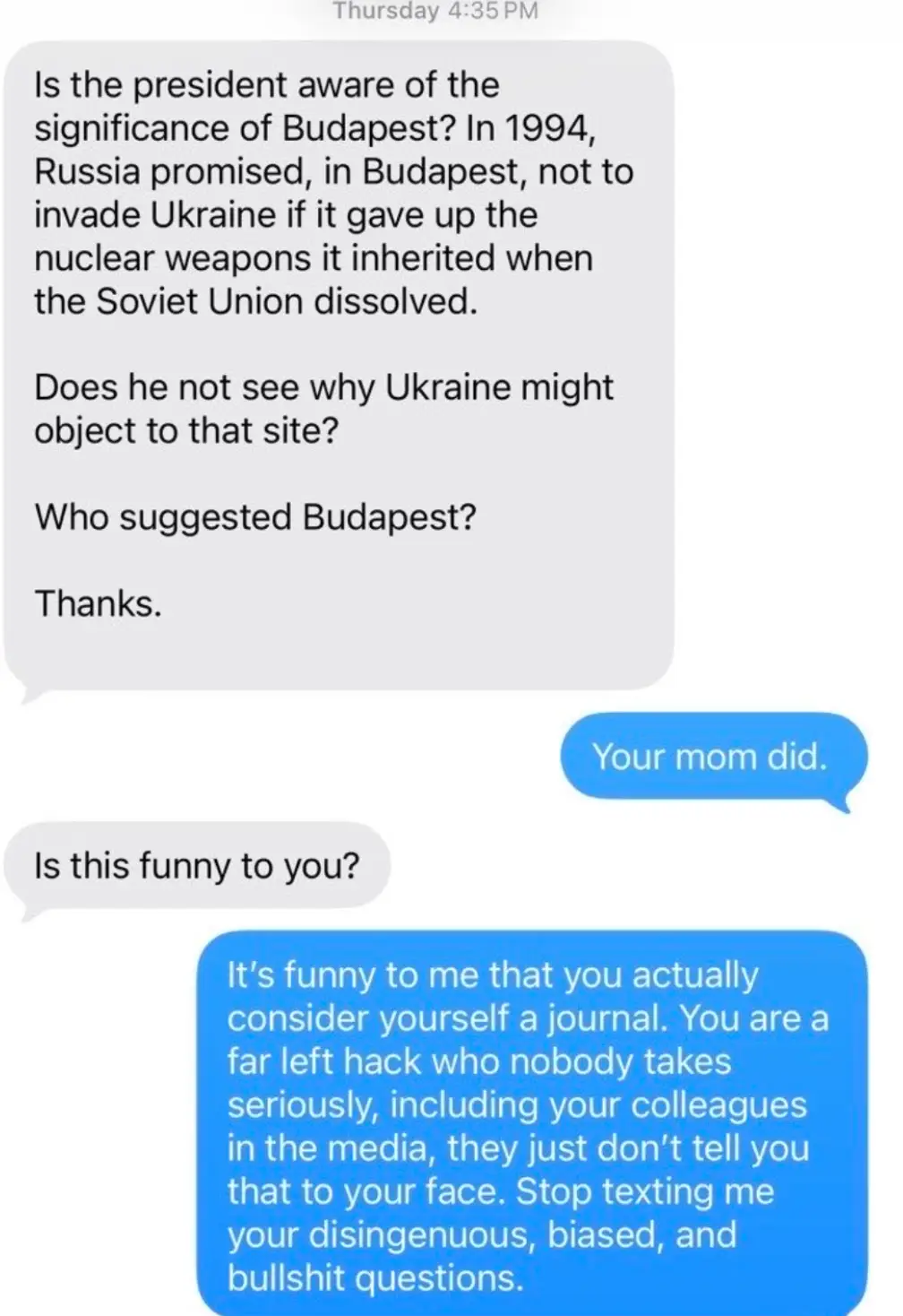 The press secretary shared a screenshot of the brutal text message exchange (x/@PressSec)