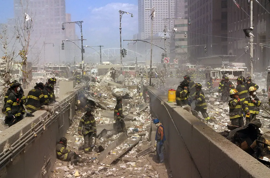 New York Firefighters amid the rubble of the World Trade Centre following the 9/11 attacks (Universal History Archive/Universal Images Group via Getty Images)