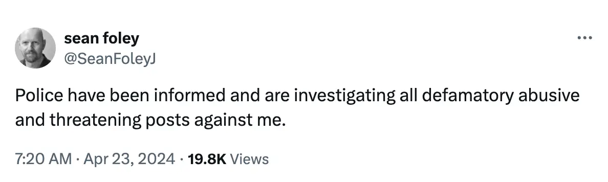 Sean Foley shared a statement to Twitter today. (X/@SeanFoleyJ)