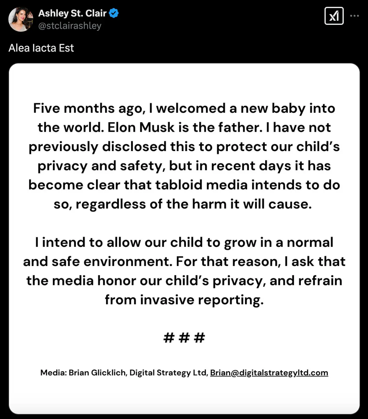 St Clair alleged she welcomed a child with Musk last year (X)